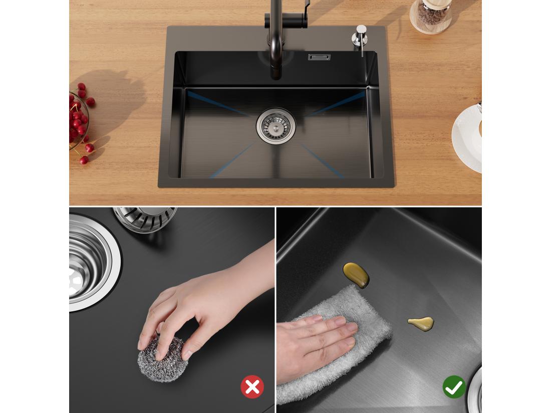 Vente Unique Évier Cuisine Noir 58*45*18CM Lavabo Cuisine 1 Bac Avec Égouttoir Enroulable Et Distributeur De Savon Inox Montage à Encastrer Ou à Fleur