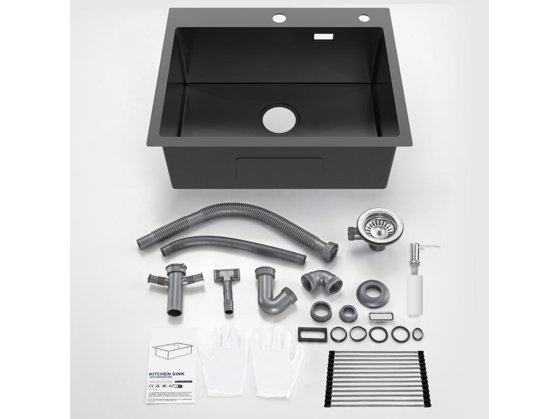 Vente Unique Évier Cuisine Noir 58*45*18CM Lavabo Cuisine 1 Bac Avec Égouttoir Enroulable Et Distributeur De Savon Inox Montage à Encastrer Ou à Fleur