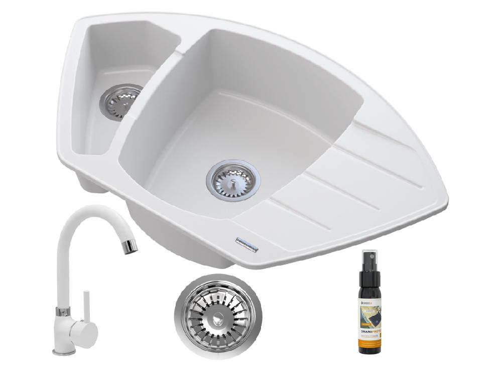 vente unique ÉVIER D'ANGLE EN GRANIT + MITIGEUR BEIGE GRIS