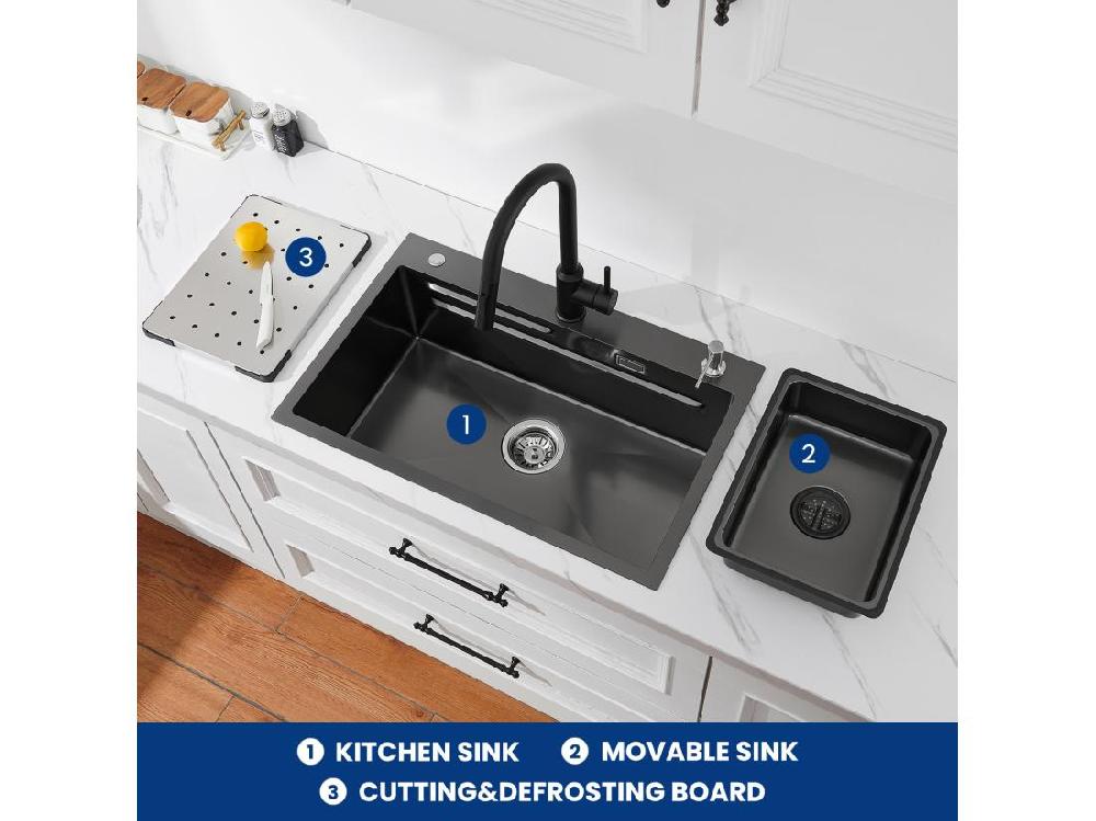 Vente Unique Évier De Cuisine 1 Cuve 70×45cm + Egouttoir + Vasque + Distributeur De Savon + Mitigeur De Cuisine En Inox Noir