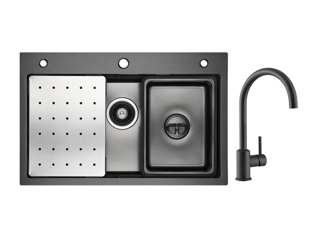 vente unique Évier de Cuisine 1 Cuve 70×45cm + Egouttoir + Vasque + Distributeur de Savon + Mitigeur de Cuisine en Inox Noir