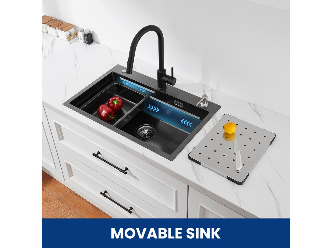 Vente Unique Évier De Cuisine 1 Cuve 70×45×21.5 Cm + Egouttoir + Vasque + Distributeur De Savon CECIPA MAX Noir Évier 1 Bac Évier Inox Grande Capacité