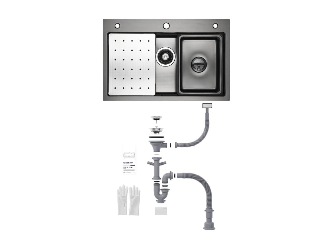 Vente Unique Évier De Cuisine 1 Cuve 70×45×21.5 Cm + Egouttoir + Vasque + Distributeur De Savon CECIPA MAX Noir Évier 1 Bac Évier Inox Grande Capacité