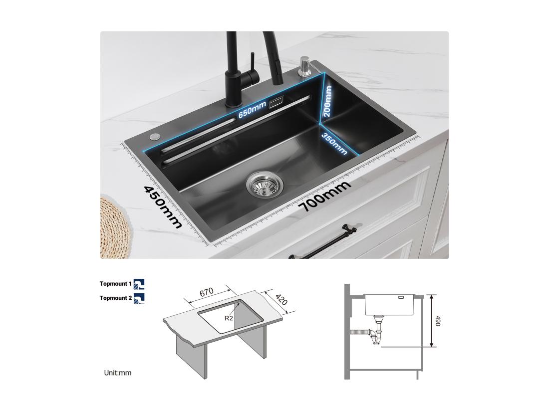 vente unique Évier de Cuisine 1 Cuve 70×45×21.5 cm + Egouttoir + Vasque + Distributeur de Savon CECIPA MAX Noir Évier 1 Bac Évier Inox Grande Capacité