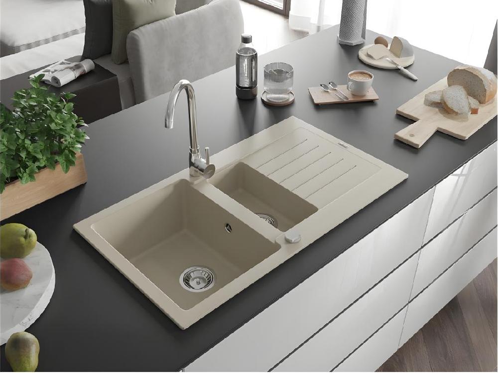 Vente Unique Evier De Cuisine En Granit Beige - BARBADOS - 48 X 100 Cm 1.5 Bac Avec égouttoire