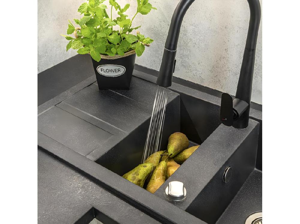 Vente Unique Evier De Cuisine En Granit Noir - BARBADOS - 48 X 100 Cm 1.5 Bac Avec égouttoire