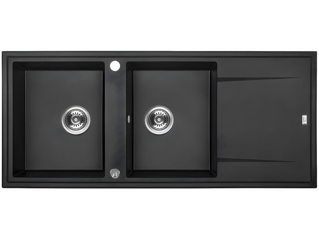 Vente Unique Evier De Cuisine En Granit Noir - MEGALO - 50 X 116 Cm 2 Bacs Avec égouttoir