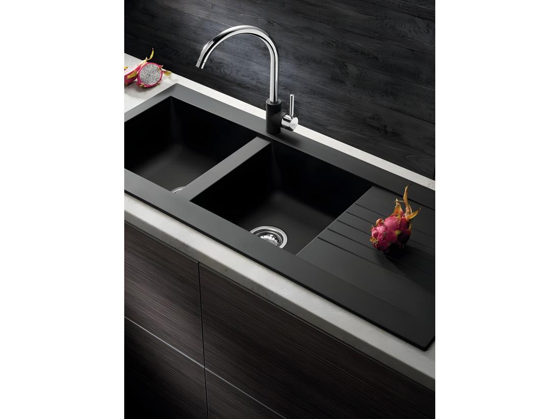 vente unique Evier de cuisine en granit noir - MEGALO - 50 x 116 cm 2 bacs avec égouttoir