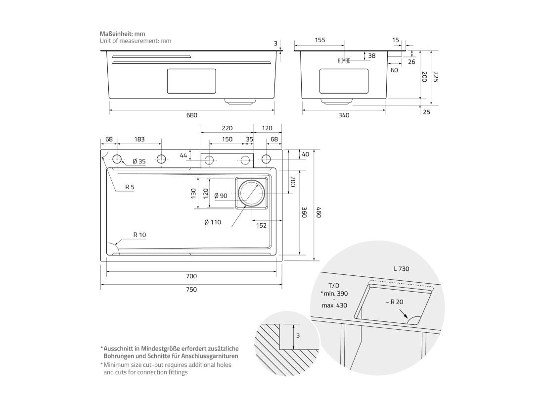 Vente Unique Évier De Cuisine Encasté Multifonctions Robinet Douchette 75x46 Cm Anthracite