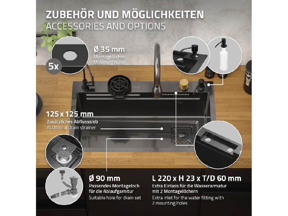 Vente Unique Évier De Cuisine Encasté Multifonctions Robinet Douchette 75x46 Cm Anthracite