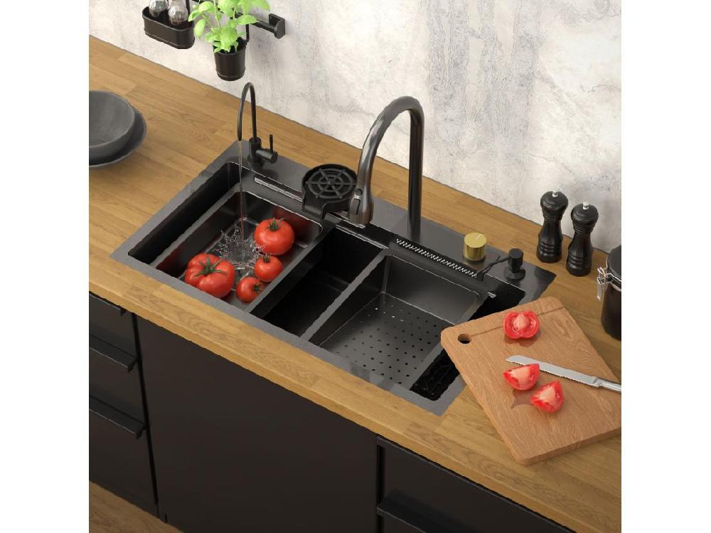 Vente Unique Évier De Cuisine Encasté Multifonctions Robinet Douchette 80x46 Cm Anthracite
