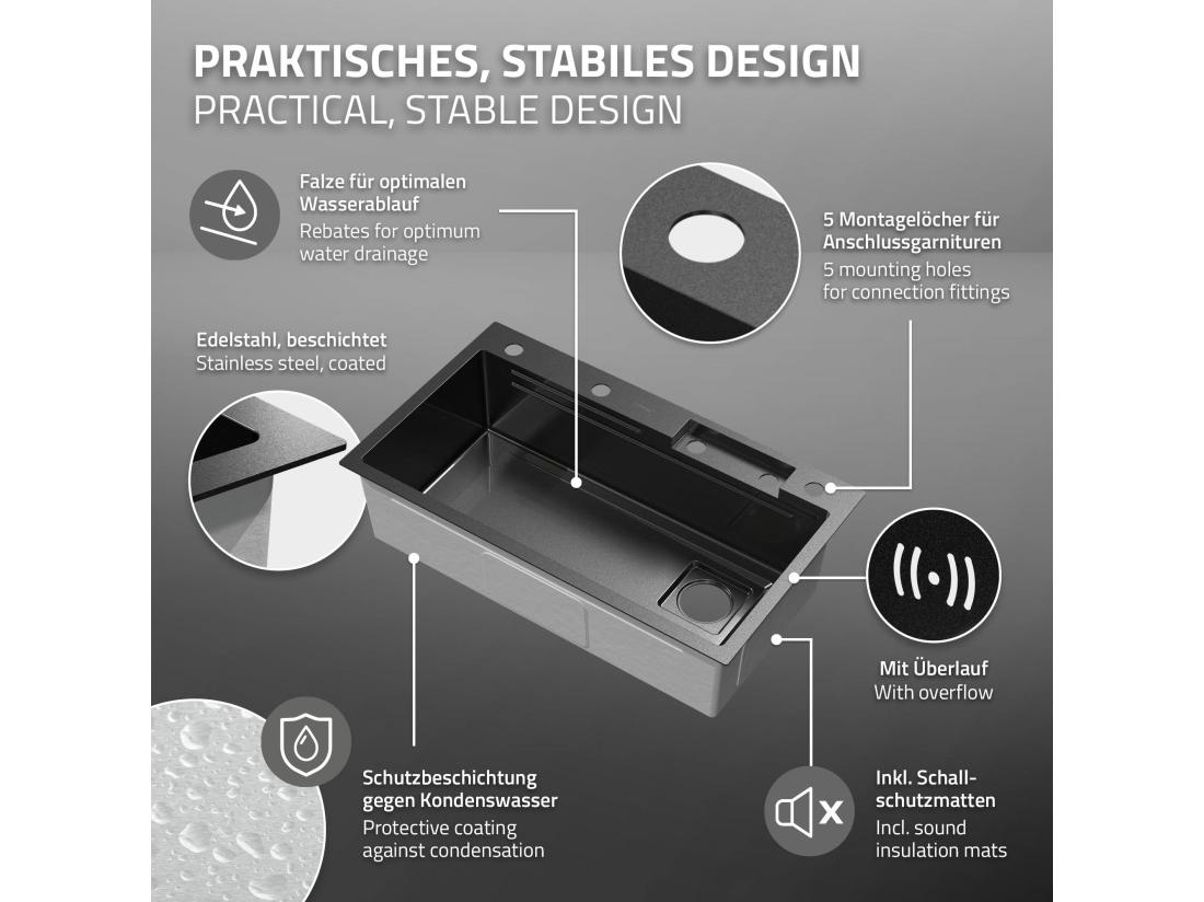 Vente Unique Évier De Cuisine Encasté Multifonctions Robinet Douchette 80x46 Cm Anthracite
