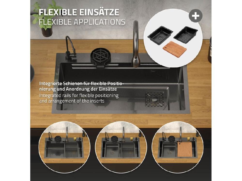 vente unique Évier de cuisine encasté multifonctions robinet douchette 80x46 cm anthracite
