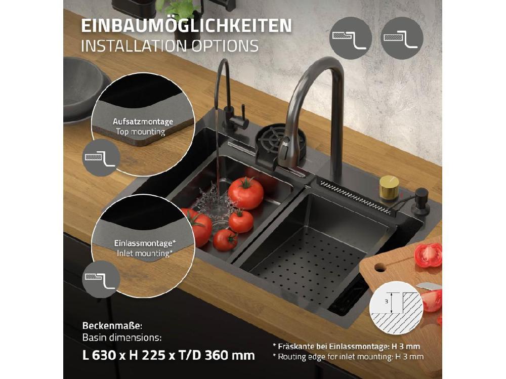Vente Unique Évier De Cuisine Encasté Multifonctions Robinet Douchette 68x46 Cm Anthracite