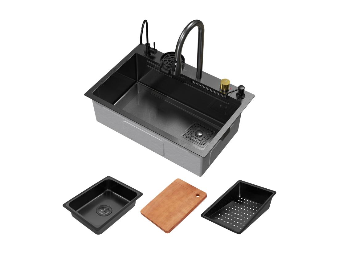 Vente Unique Évier De Cuisine Encasté Multifonctions Robinet Douchette 68x46 Cm Anthracite