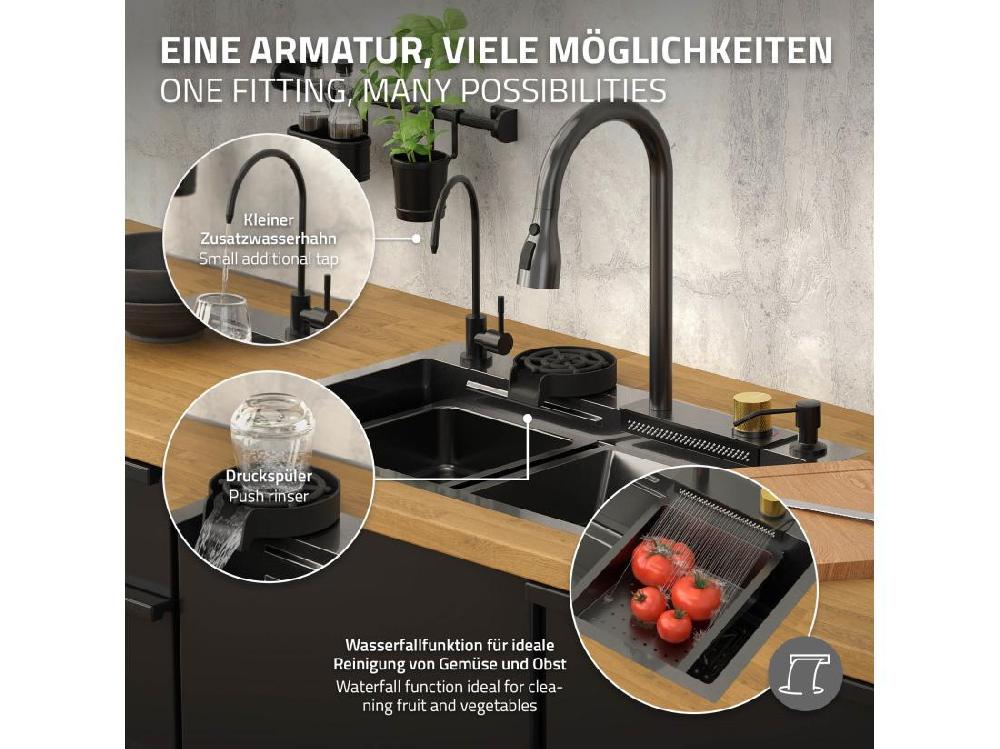 vente unique Évier de cuisine encasté multifonctions robinet douchette 68x46 cm anthracite