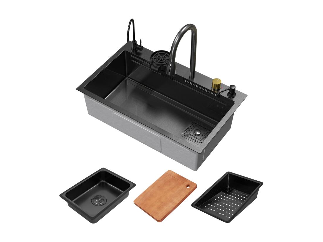 vente unique Évier de cuisine encasté multifonctions robinet douchette 75x46 cm anthracite