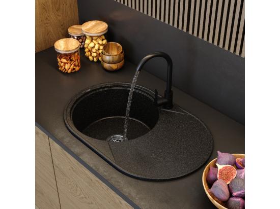 Vente Unique ÉVIER DE CUISINE ROND EN GRANIT 1 CUVE GRAND ÉGOUTTOIR SIPHON NOIR SAVIO