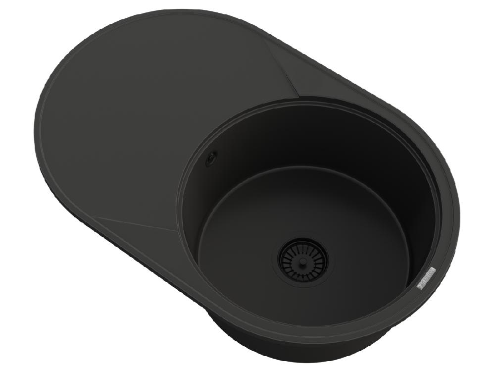 Vente Unique ÉVIER DE CUISINE ROND EN GRANIT 1 CUVE GRAND ÉGOUTTOIR SIPHON NOIR SAVIO