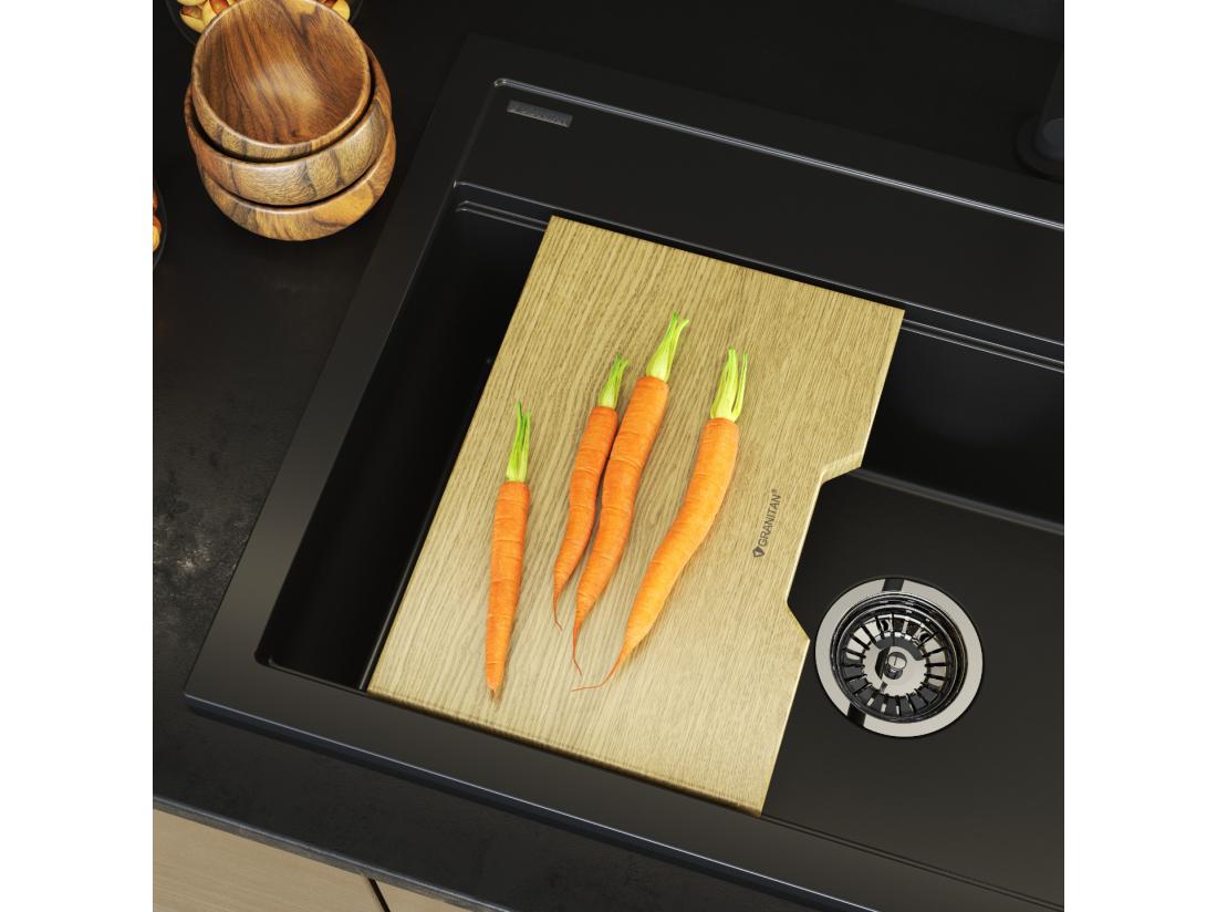 Vente Unique ÉVIER EN GRANIT NOIR GRANDE PLANCHE EN BOIS ÉGOUTTOIR SIPHON SET ASTI
