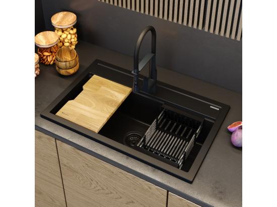 Vente Unique ÉVIER EN GRANIT NOIR GRANDE PLANCHE EN BOIS ÉGOUTTOIR SIPHON SET ASTI
