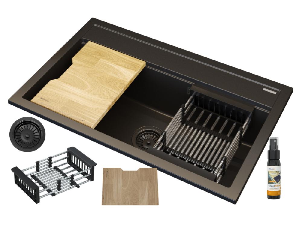 vente unique ÉVIER EN GRANIT NOIR GRANDE PLANCHE EN BOIS ÉGOUTTOIR SIPHON SET ASTI