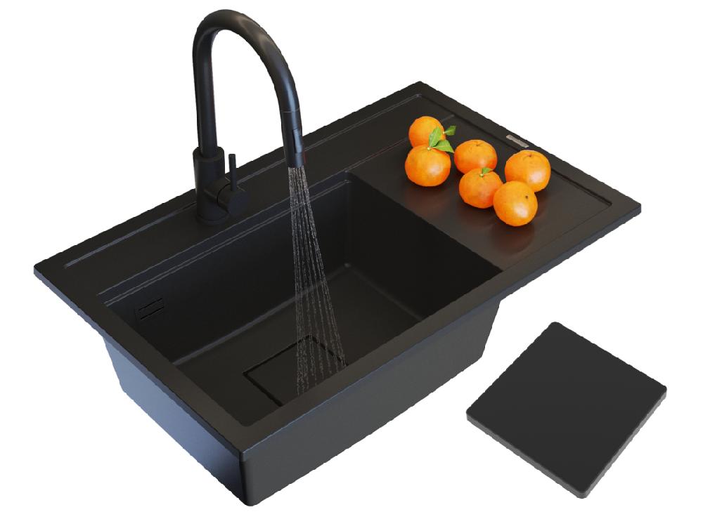 Vente Unique ÉVIER EN GRANIT ROBINET DE CUISINE NOIR CAPUCHON ENSEMBLE MODERNE RENDO