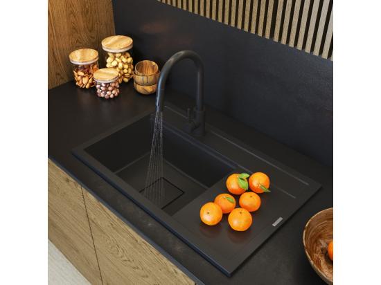 Vente Unique ÉVIER EN GRANIT ROBINET DE CUISINE NOIR CAPUCHON ENSEMBLE MODERNE RENDO