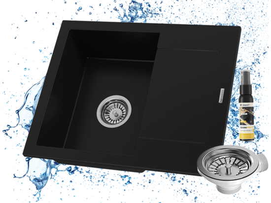 vente unique Évier Granit BELLO Noir Monocuve avec Siphon