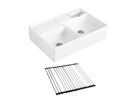 Vente Unique Evier Timbre D'office VILLEROY ET BOCH Tradition 2 Bacs 89 5 X 63 Céramique Vidage Manuel Blanc + Egouttoir Déroulable