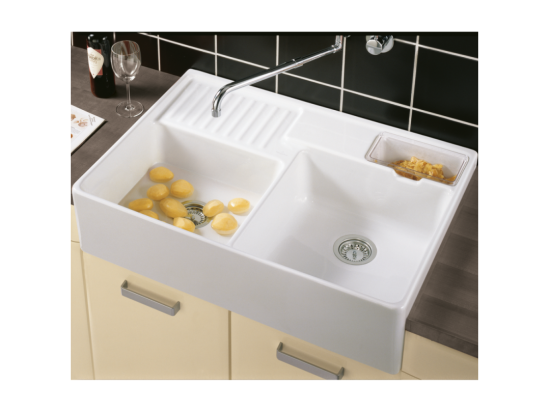 Vente Unique Evier Timbre D'office VILLEROY ET BOCH Tradition 2 Bacs 89 5 X 63 Céramique Vidage Manuel Blanc + Panier Vaiselle