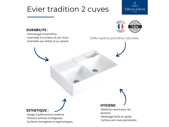 vente unique Evier timbre d'office VILLEROY ET BOCH Tradition 2 bacs 89 5 x 63 céramique vidage manuel blanc + Panier vaiselle