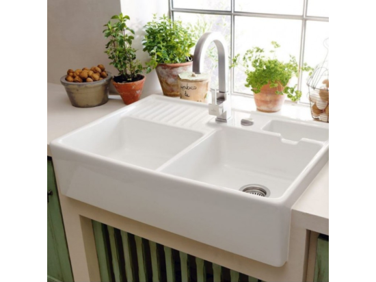 Vente Unique Evier Timbre D'office VILLEROY ET BOCH Tradition 2 Bacs 89 5 X 63 Céramique Vidage Auto Blanc