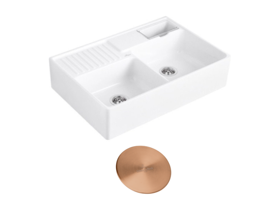 Vente Unique Evier Timbre D'office VILLEROY ET BOCH Tradition 2 Bacs 89 5 X 63 Céramique Vidage Manuel Blanc + Cache Bonde Bronze