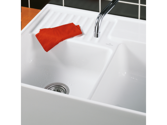 vente unique Evier timbre d'office VILLEROY ET BOCH Tradition 2 bacs 89 5 x 63 céramique vidage manuel blanc + Egouttoir déroulable