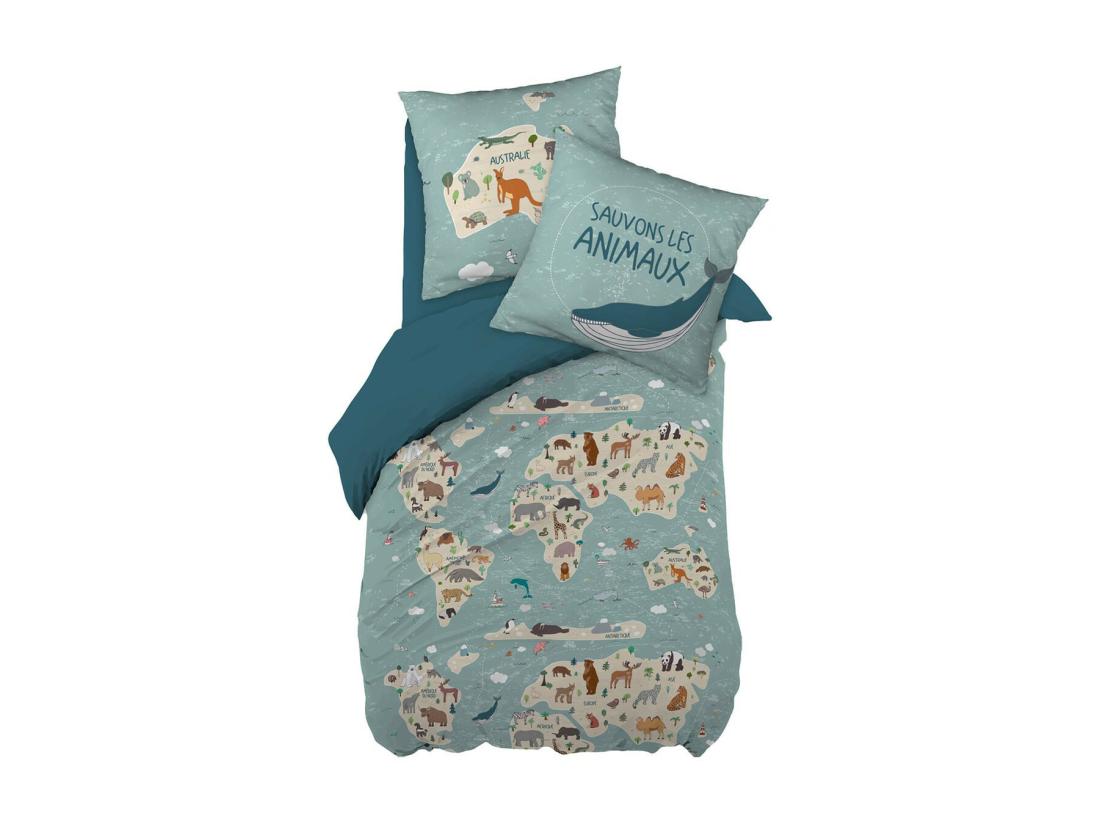 Vente Unique EXPLORE - Parure De Lit Coton Motif Monde Housse De Couette 140x200cm + Taie D'Oreiller