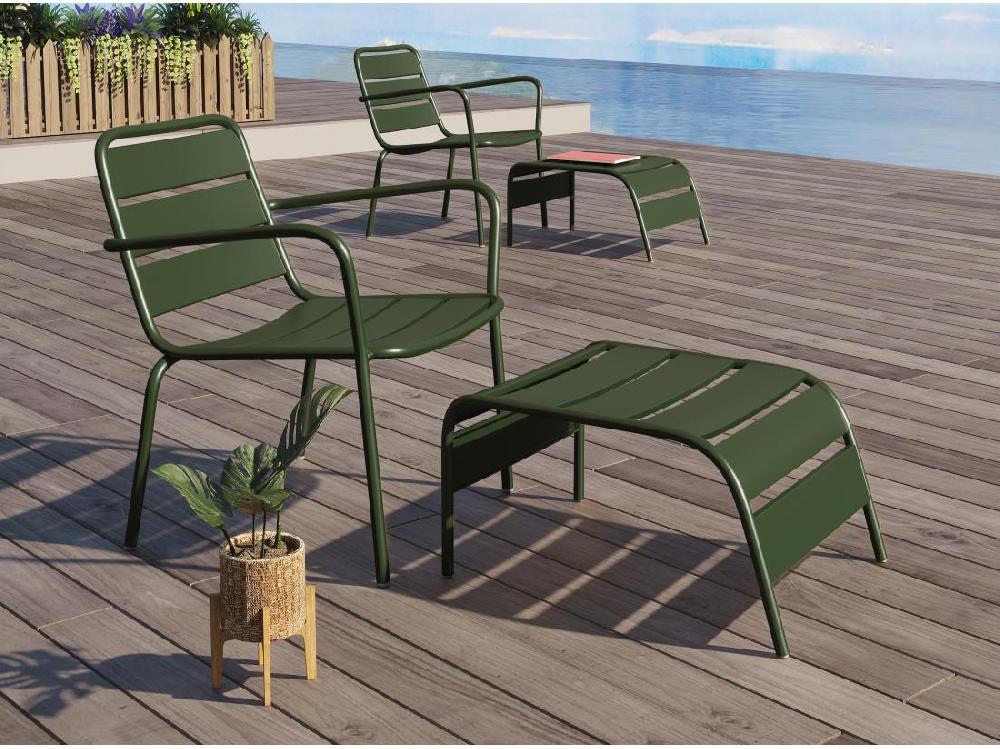 vente unique Fauteuil bas de jardin empilable + repose pied en métal - Kaki - MIRMANDE de MYLIA