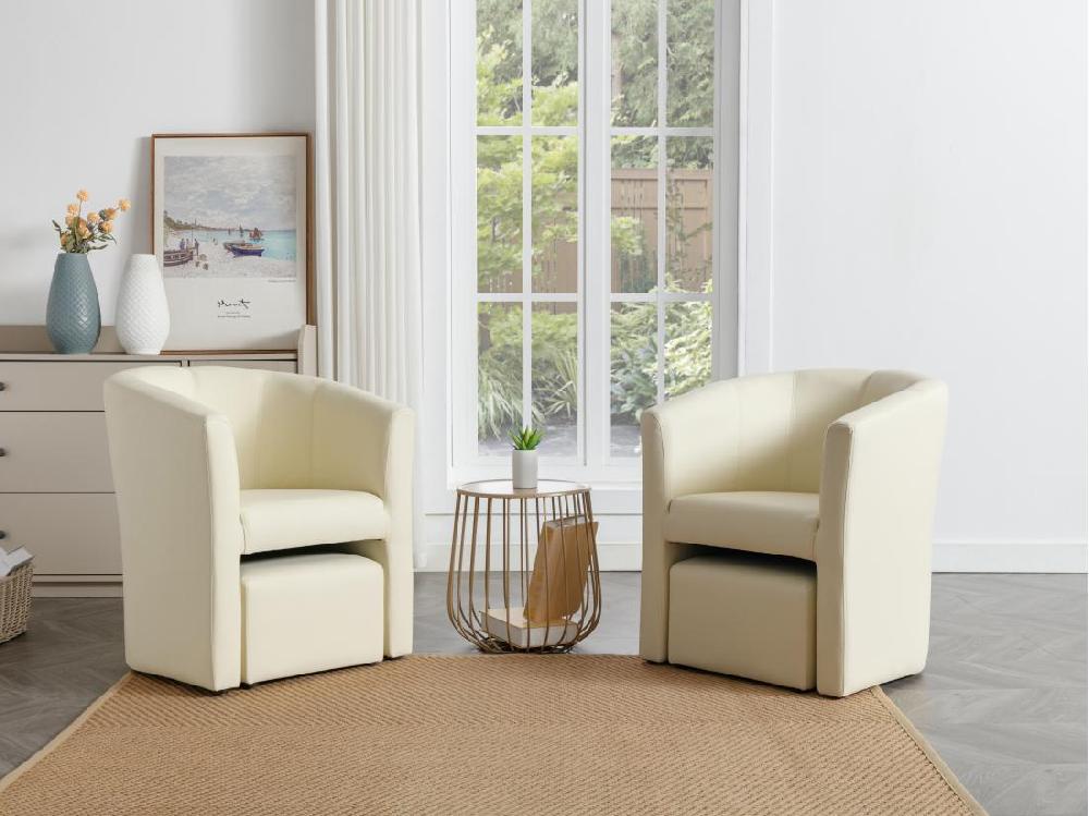 vente unique Fauteuil cabriolet et pouf en simili beige JOVANA