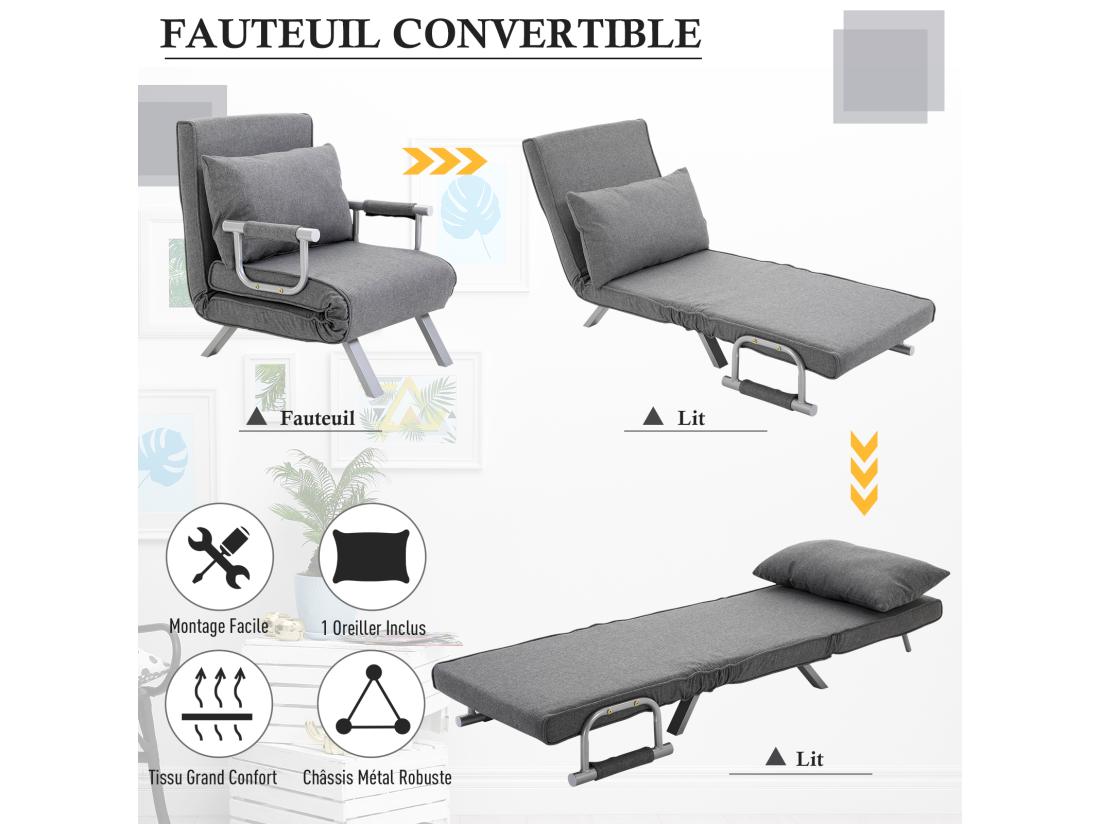 Vente Unique Fauteuil Chauffeuse Canapé-lit Convertible 1 Place Déhoussable Grand Confort Coussin Pieds Accoudoirs Métal Lin Gris Clair