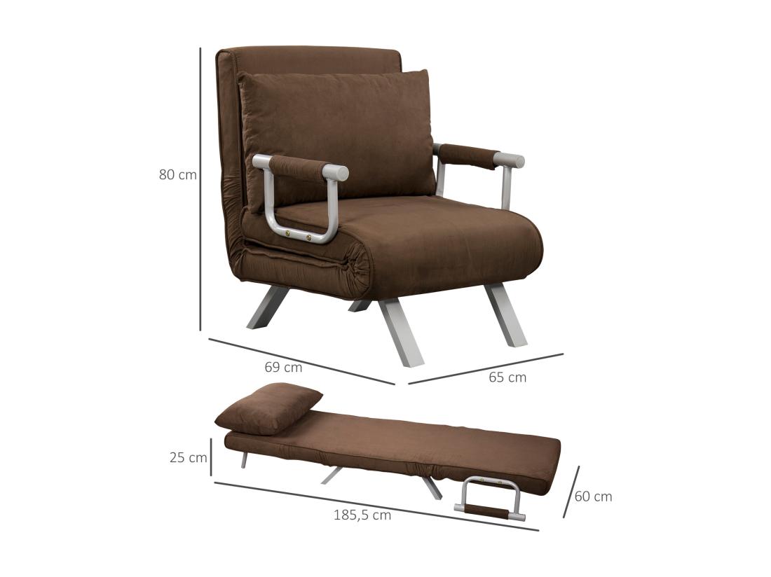 Vente Unique Fauteuil Chauffeuse Canapé-lit Convertible 1 Place Déhoussable Grand Confort Coussin Pieds Accoudoirs Métal Suède Marron