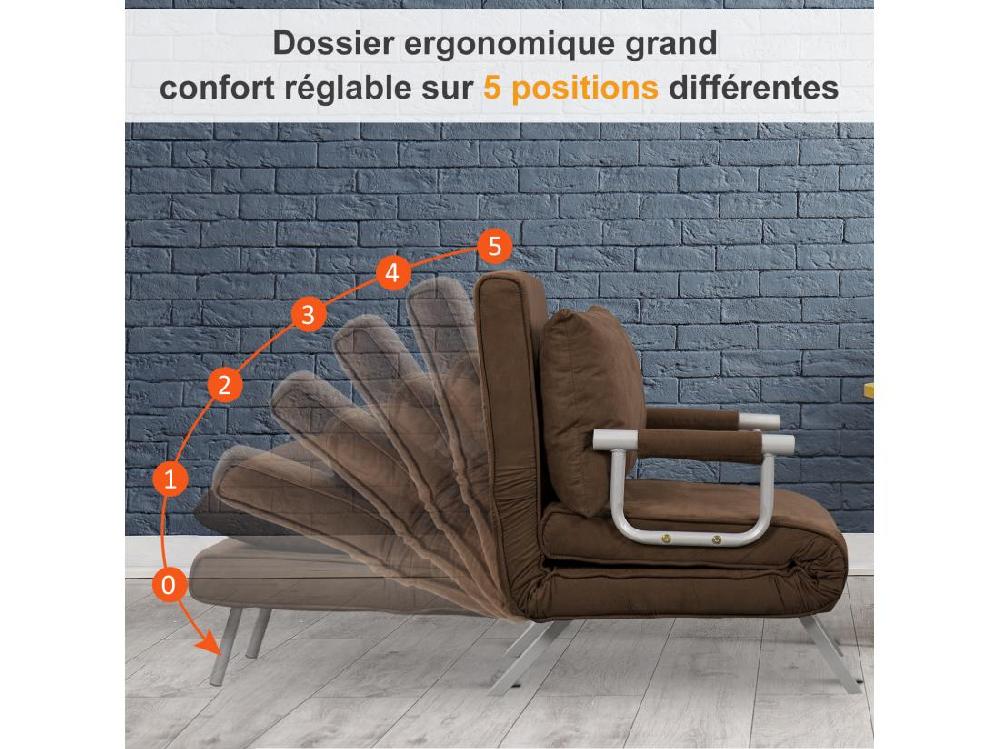 Vente Unique Fauteuil Chauffeuse Canapé-lit Convertible 1 Place Déhoussable Grand Confort Coussin Pieds Accoudoirs Métal Suède Marron