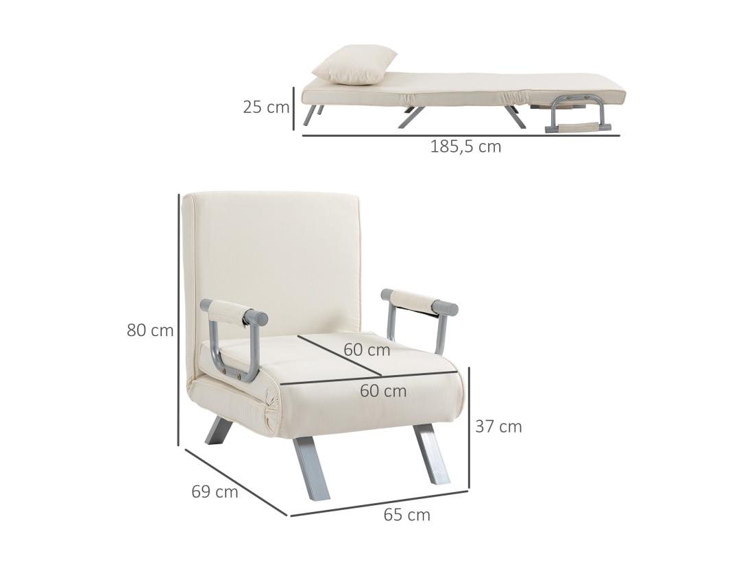 Vente Unique Fauteuil Chauffeuse Canapé-lit Convertible 1 Place Déhoussable Grand Confort Coussin Pieds Accoudoirs Métal Suède Crème