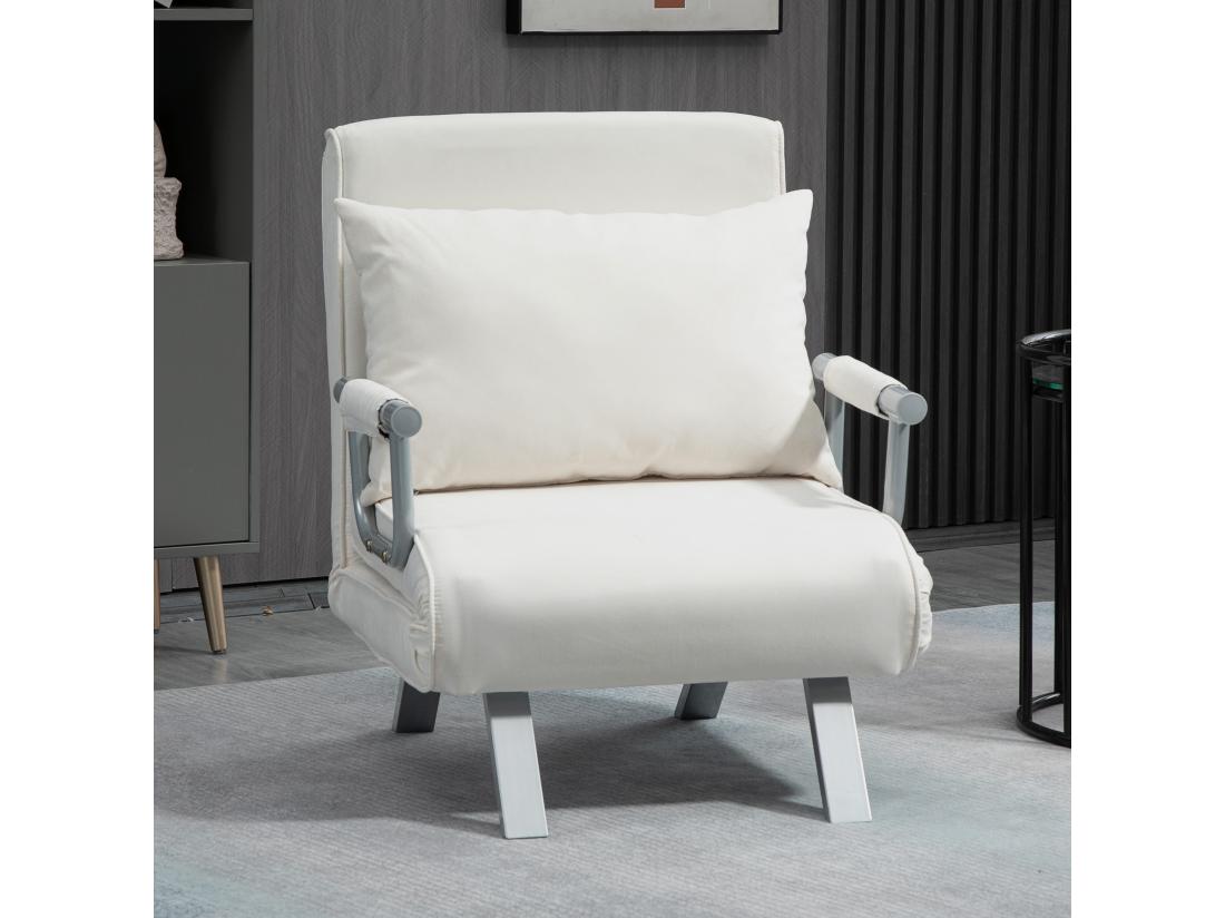Vente Unique Fauteuil Chauffeuse Canapé-lit Convertible 1 Place Déhoussable Grand Confort Coussin Pieds Accoudoirs Métal Suède Crème