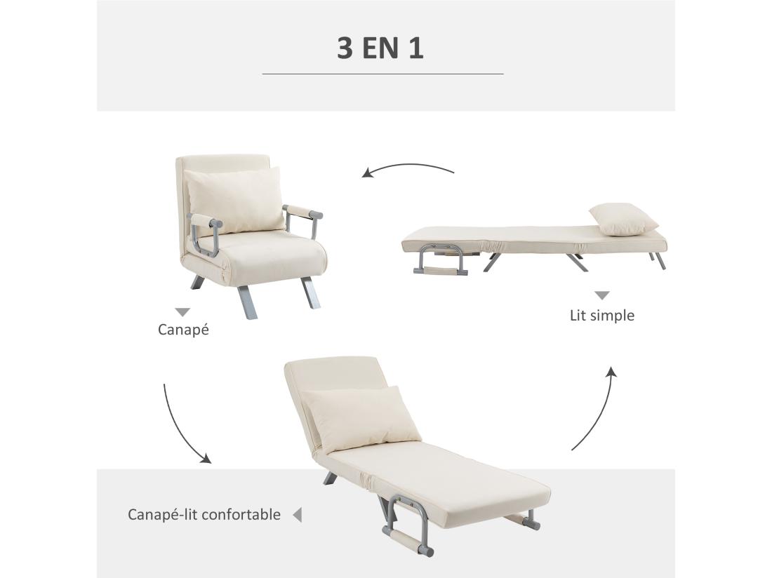 vente unique Fauteuil chauffeuse canapé-lit convertible 1 place déhoussable grand confort coussin pieds accoudoirs métal suède crème