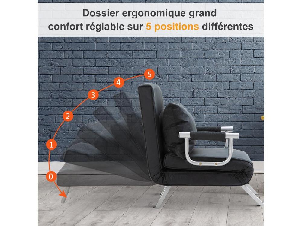 Vente Unique Fauteuil Chauffeuse Canapé-lit Convertible 1 Place Déhoussable Grand Confort Coussin Pieds Accoudoirs Métal Suède Noir