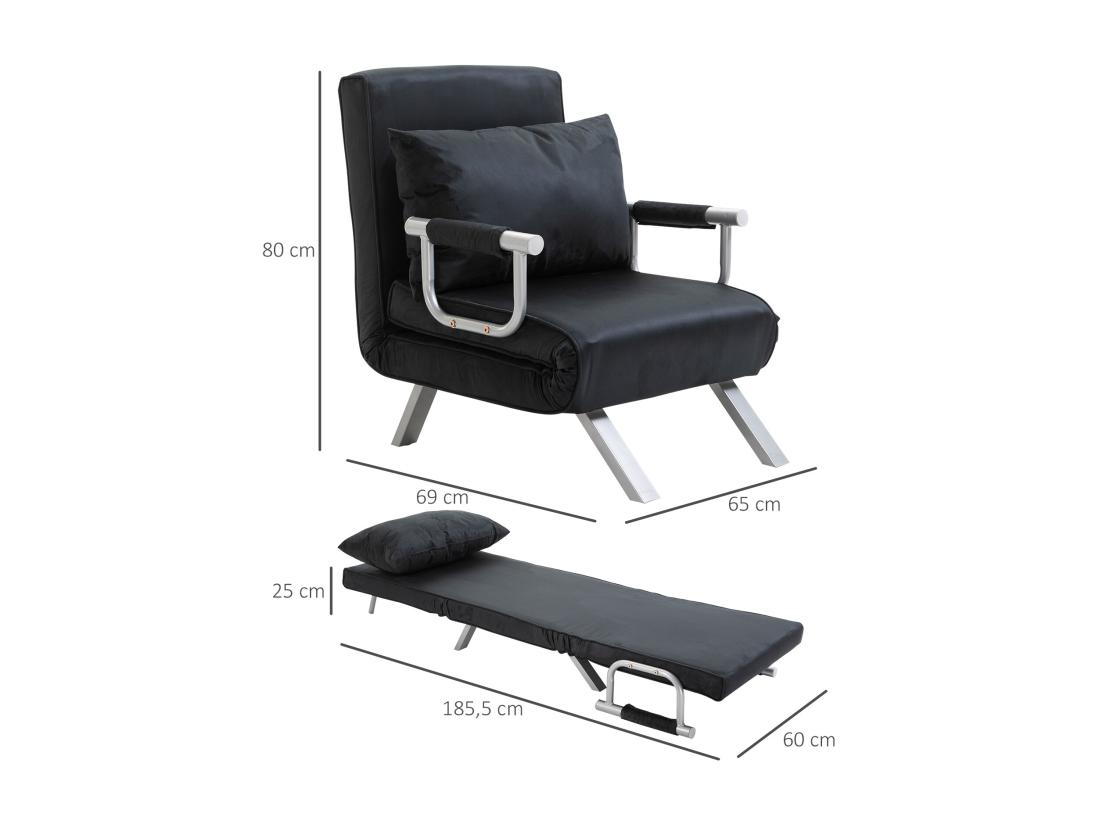 Vente Unique Fauteuil Chauffeuse Canapé-lit Convertible 1 Place Déhoussable Grand Confort Coussin Pieds Accoudoirs Métal Suède Noir