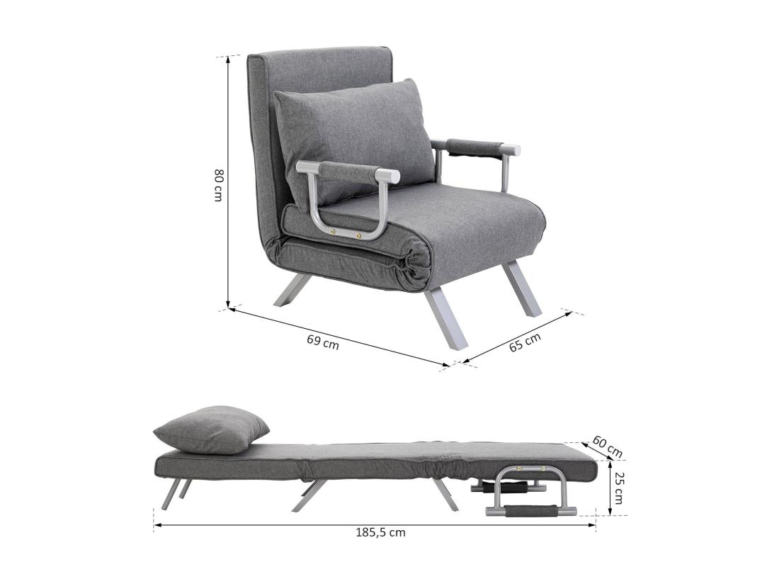 vente unique Fauteuil chauffeuse canapé-lit convertible 1 place déhoussable grand confort coussin pieds accoudoirs métal lin gris clair