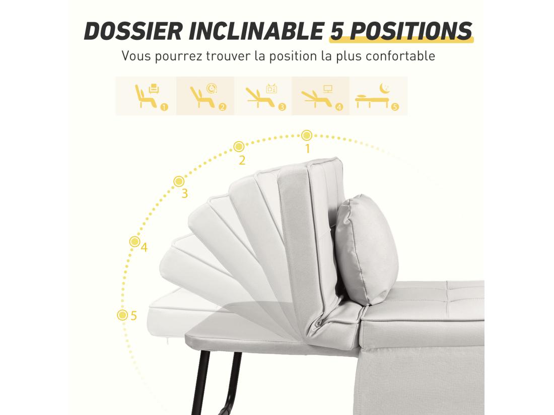 Vente Unique Fauteuil Chauffeuse Chaise Longue Pouf 3 En 1 Dossier Inclinable 5 Niveaux Repose-pied Rabattable Châssis Métal Noir Lin Crème