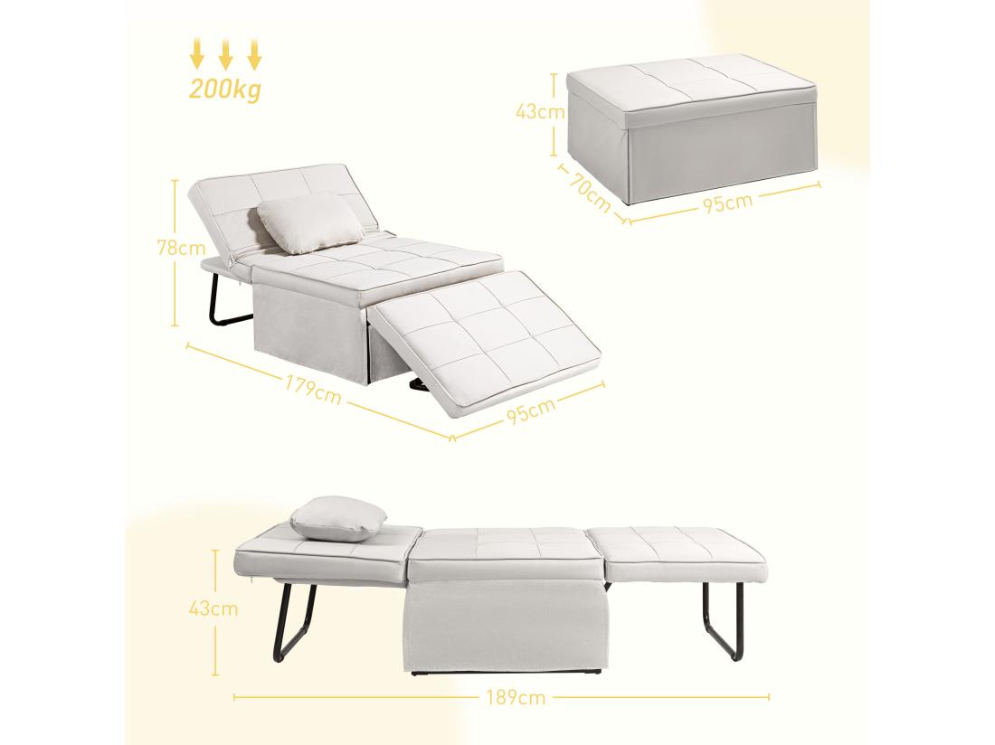 Vente Unique Fauteuil Chauffeuse Chaise Longue Pouf 3 En 1 Dossier Inclinable 5 Niveaux Repose-pied Rabattable Châssis Métal Noir Lin Crème