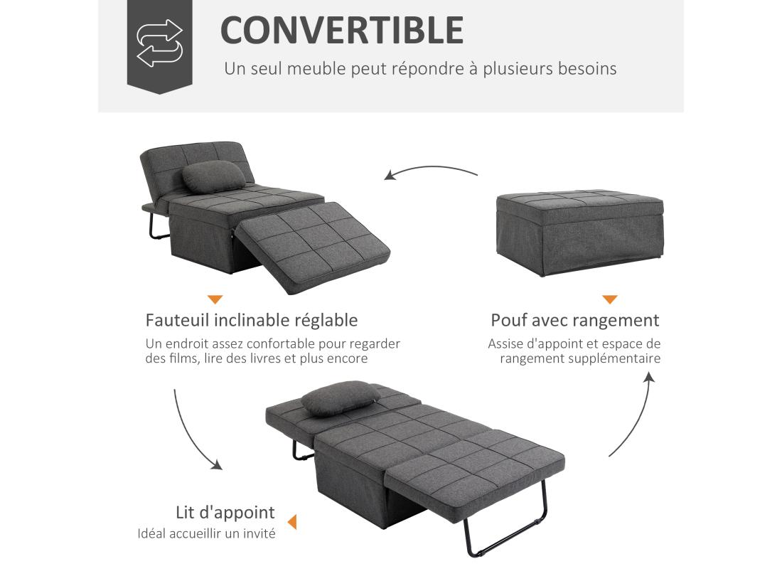 Vente Unique Fauteuil Chauffeuse Chaise Longue Pouf 3 En 1 Dossier Inclinable 5 Niveaux Repose-pied Rabattable Châssis Métal Noir Lin Gris